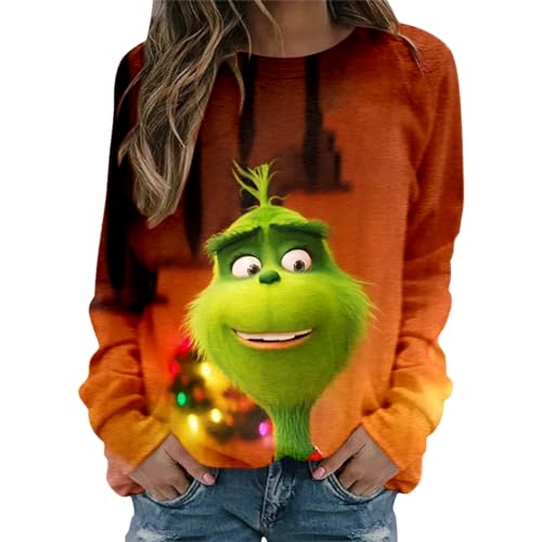 grinch kostüm damen Weihnachten Grinches Sweatshirt, Kreativer Weihnachts Pullover Langarm Frauen Sweatshirt Weihnachten Hoodie Neuheit Damen Rundhalsausschnitt Lässig Herbst Pullover Mode Locker 699 von QWUVEDS