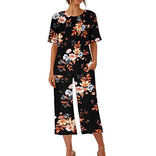 hose damen sommer hosenrock 3/4 hose damen sommer Pyjamas für Damen, kurzärmelig, Capri-Pyjama, Damen, weich, bequem, Sommer-Nachtwäsche-Set mit Taschen, Hosenanzug Winter Tarnanzug (Orange, L) von QWUVEDS