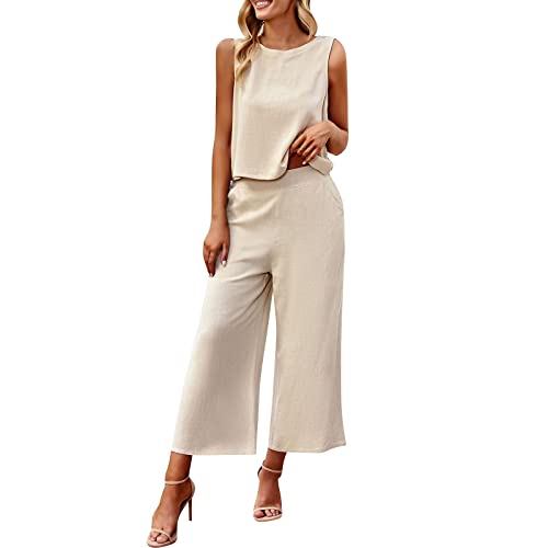 hosenrock hosen damen hose damen sommer 3/4 hose damen sommer Damen-Hosenanzug, groß, einfarbig, ärmellos, Baumwolle, lässig, langärmlig, lockerer Baumwollanzug Freizeit Anzug Set Damen (Beige, M) von QWUVEDS