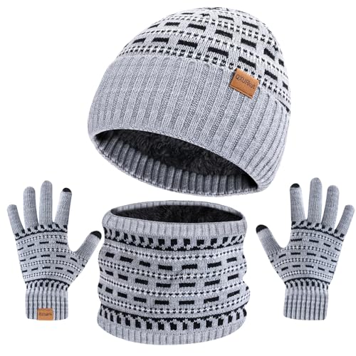 QXURkut Winter Beanie Mütze Schal Handschuhe Set für Damen und Herren, Warm Strickmütze Fleece Gefütterte Loop Schlauchschal Touchscreen Handschuhe (Grau) von QXURkut