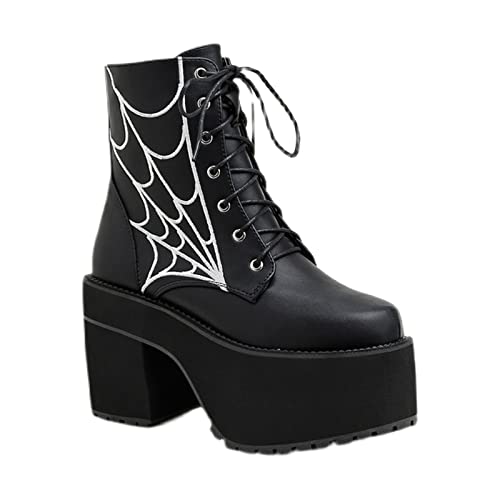 QZPM Damen Schnürstiefeletten Gothic Stiefeletten Plateau Blockabsatz Punk Stiefel Kampfstiefel,Schwarz,41 EU von QZPM