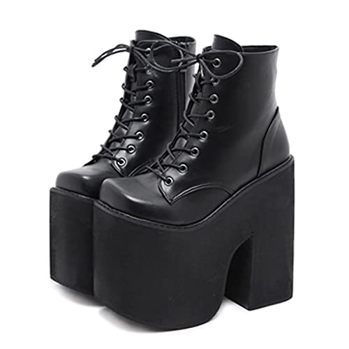 QZPM Damen Stiefeletten Gothic Plateau Stämmiger Absatz Punk Kampfstiefel Mit Schnürung,Schwarz,41 EU von QZPM