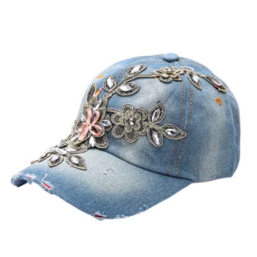 Qchomee Damen-Baseballkappe, verstellbare Baseballkappe, Damen- und Mädchen-Baseballkappe mit Diamantkappe, Denim-Baseball-Sport-Sonnenhut, Jeans-Hut, Sonnenschutzkappe, modische Baseballkappe für Out von Qchomee