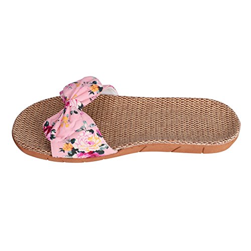 Damen Schlappen Flache Sandalen zuhause Badeslipper Badesandalen Leinen Strandschuhe Sommer Schuhe Pantoletten atmungsaktiv Schwarz/Dunkelblau/Pink Blumen mit rutschfest Weiche Sohle von Qchomee