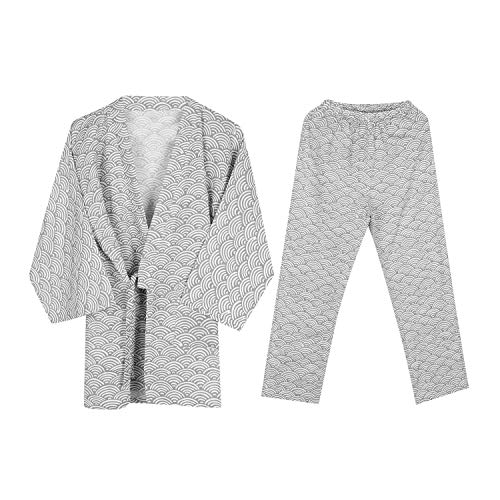 Unisex Kimono Jinbei Shirt Hose Loungewear Baumwolle Spa Bademantel V-Ausschnitt Nachthemd Japanische Yukata Pyjama Weich Morgenmantel Casual Schlafmantel Bequem Nachtwäsche Sleepwear Schlafanzug von Qchomee