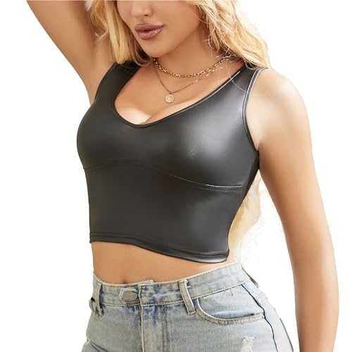 QiaTi Damen Kunstleder Tank Tops V Hals Cropped Tops Schwarz ärmellos Sexy Korsett Tops Slim Fit für Rave Outfit Party Club Nacht von QiaTi