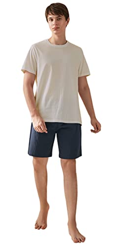 QianXiu Schlafanzüge Herren Kurz Sommer Pyjama Set Kurzarm Zweiteiliger Nachtwäsche Shorts Zuhause O-Ausschnitt Gestreift Shorty für Männer von QianXiu