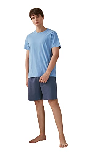 QianXiu Schlafanzüge Herren Kurz Sommer Pyjama Set Kurzarm Zweiteiliger Nachtwäsche Shorts Zuhause O-Ausschnitt Gestreift Shorty für Männer von QianXiu