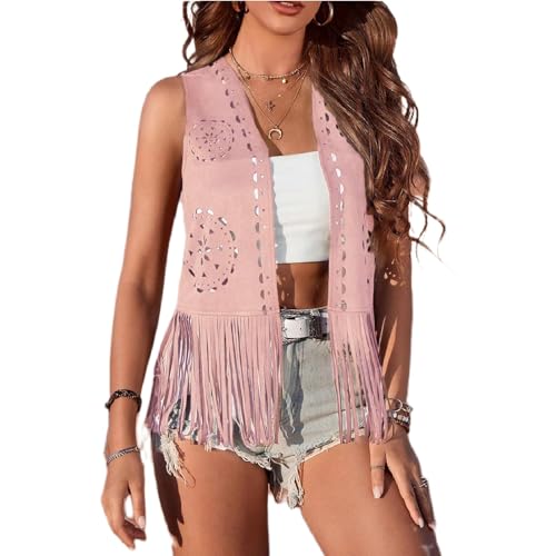 Qianderer Damen Fransenweste 60er 70er Hippie Weste Ärmellos Cowgirl Western Faux Wildleder Quaste Lederjacke Boho Weste Vintage Hippie Outwear, Ba Pink, S Qianderer Damen Fransenweste 60er 70er Hippie Weste Ärmellos Cowgirl Western Faux Wildleder Quaste Lederjacke Boho Weste Vintage Hippie Outwear, Ba Pink, S von Qianderer