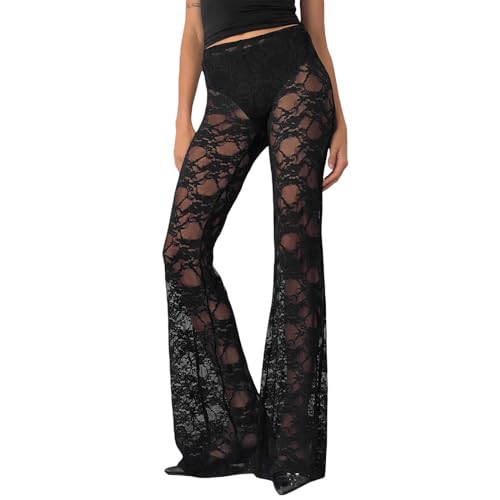 Qianderer Damen-Leggings mit Spitze, sexy durchsichtig, ausgestelltes Unterteil, ausgehöhltes Netzgewebe, Ba Black, L Qianderer Damen-Leggings mit Spitze, sexy durchsichtig, ausgestelltes Unterteil, ausgehöhltes Netzgewebe, Ba Black, L von Qianderer
