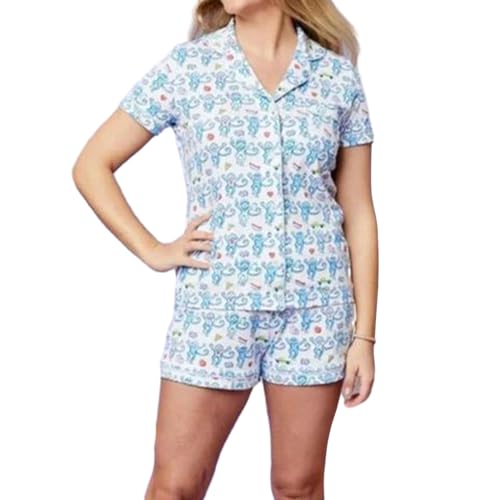 Qianderer Damen-Pyjama-Set mit süßem Aufdruck, zweiteilig, Y2k, kurzärmelig, Nachtwäsche, Loungewear, 2-teiliges Pyjama-Set, Bd Monkey Blue, 36 von Qianderer