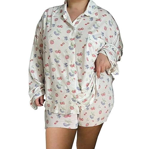Qianderer Damen-Pyjama-Set mit süßem Aufdruck, zweiteilig, Y2k, kurzärmelig, Nachtwäsche, Loungewear, 2-teiliges Pyjama-Set, Bf Strawberry White, 38 von Qianderer