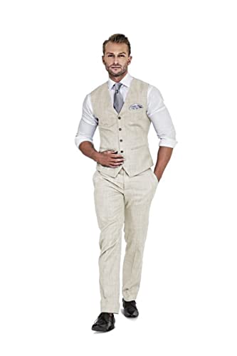 Qiatuu Herren Leinen Anzug 2 Stück Anzüge Trauzeugen Smoking Sommer Strand Hochzeit Prom Party Anzug Weste Hosen Set, Beige, XL von Qiatuu