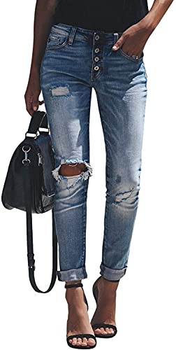 Damen Jeanshosen Damen Skinny Slim Fit Strecken Röhrenjeans Schlank Stylische Boyfriend Jeans Zerrissene Destroyed Jeans Hose mit Löchern Lässige (L) von Qichenx