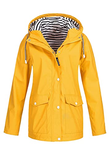 Damen Regenjacke Mit Kapuze Wasserdicht Regenparka Winddicht Regenmantel Damen Wasserdicht Atmungsaktiv Solid Rain Outdoor Plus Size Mantel Regenmantel Jacke (Gelb, L) von Qichenx