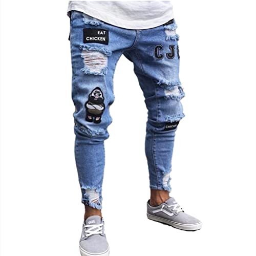 Männer Casual Slim Fit Denim Hose Ripped Skinny Distressed Destroyed Holes Hosen Jeans (as3, Alpha, s, Regular, Regular, 1 Blau) von Qichenx