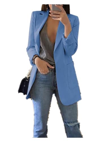 Qichenx Damen Elegant Langarm Blazer Sakko Cardigan Temperament Anzugjacke Einfarbig Slim Fit Revers Geschäft Büro Jacke Kurz Mantel Anzüge Bolero mit Tasche (Blau, S) von Qichenx