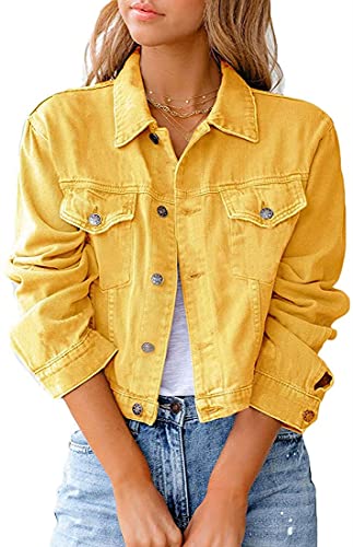 Qichenx Damen Jeansjacke Reverskragen Kurz Lässig Denim Jacket mit Knöpfen Stretch Jacke Sommer Frühling Mantel Jeansjacke, Streetwear (Gelb, S) Blousons von Qichenx