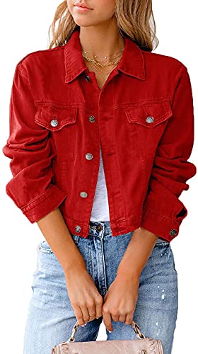 Qichenx Damen Jeansjacke Reverskragen Kurz Lässig Denim Jacket mit Knöpfen Stretch Jacke Sommer Frühling Mantel Jeansjacke, Streetwear (Rot, XL) von Qichenx