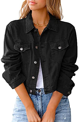 Qichenx Damen Jeansjacke Reverskragen Kurz Lässig Denim Jacket mit Knöpfen Stretch Jacke Sommer Frühling Mantel Jeansjacke, Streetwear (Schwarz, 2XL) von Qichenx