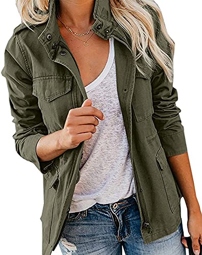 Qichenx Damen Übergangsjacke Parka Stehkragen Mehr Taschen Utility Jacket Leicht Sommerjacke Boyfriend (Armee Grün, 2XL) von Qichenx