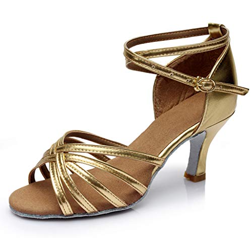 Latein Tanzschuhe Damen Latein Tango Tanzschuhe Ballsaal Salsa Tanzen Schuhe Heels Sandalen Latin Trainning Schuhe Mädchen Schuhe (Gold, 38) von QinMMSPORTS