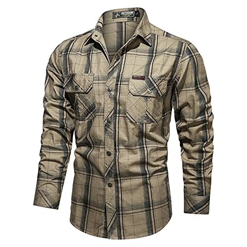 Männer Lange Ärmel Flanellhemden Button Down Shirts Herren Freizeithemd Normale Passform Holzfällerhemd Jacke mit Druckknöpfen Kariert Hemd Vintage Freizeithemd Kariert Plaid Shirt (Khaki, L) von QinMMSPORTS