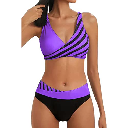 QinMMSPORTS Bikini Set Damen Triangel Breites Unterbrustband Gerippte Bademode Zweiteiliger Badeanzug Elegante Zweiteilige Streifen Pailletten Push Up Tanga Badebekleidung Hoch Geschnittener Bikini von QinMMSPORTS