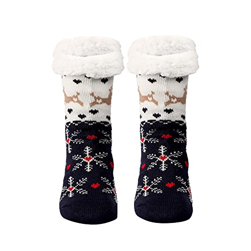 Weihnachten Strümpfe Damensocken mit Fleece gefüttert Warm Winter Fuzzy Soft Grippers Socken Sneaker Socken Damen Warme Hütten socke Wintersocken Flauschige Socken Slipper (Navy, One Size) von QinMMSPORTS