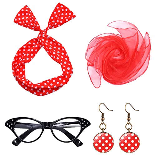 QincLing jahre damen accessoires rockabilly zubehör mit Chiffon Schal Katzen Auge Brille Polka Dot Bandana Krawatte Stirnband Ohrringe Ohrstecker für 60er jahre kleidung 1950s Kostüm Set von QincLing