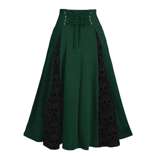 Mittelalter Kleidung Damen - 2023 Frauen Retro Mittelalter Elastische Hohe Taille Boho Maxi Rock Casual Kordelzug A Linie Langer Rock Knielang Röcke für Mädchen Größe A Linie (Green #1, XXXL) von QingHUImao