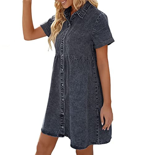 Sommerkleid Damen Knielang - Jeanskleid Damen Sommer Lang Denimkleider V-Ausschnitt Kurzarm Blusenkleider Maxikleid Einfarbig Freizeitkleider mit Taschen Strandkleid Swing Kleid (Grey-A, XL) von QingHUImao