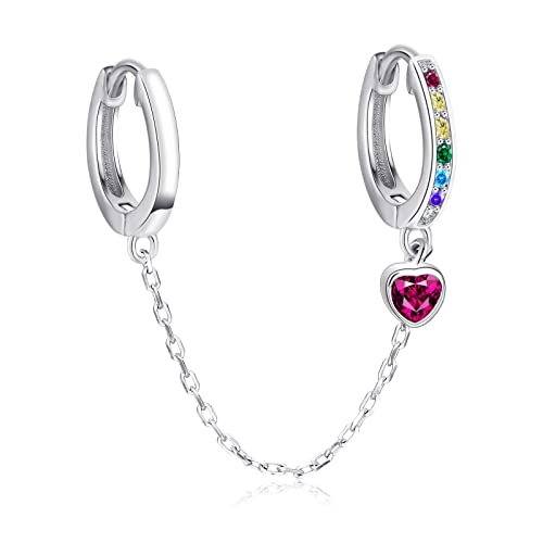 1 Pcs Doppel Creolen Ohrringe Silber 925 Damen, Qings Doppelt Piercing Gliederkette Herz Anhänger Ohrringe Mini Hoops Kette Ohrringe mit Bunt Zirkon, Mode Punk Rock Schmuck Geschenk für Mädchen Frauen von Qings