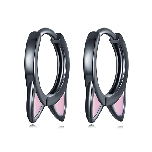 Creolen Schwarz Ohrringe Damen Silber 925 Klein Katzen Ohrstecker Katzenohrringe Hypoallergene Black Piercing Huggies 9mm Schlafen Kreolen für Mädchen von Qings