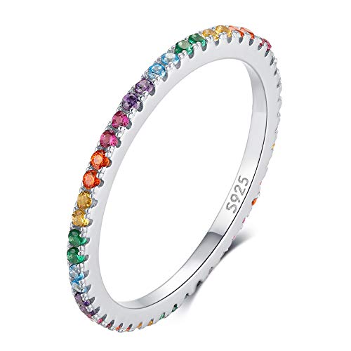 Qings 925 Sterling Silber Damen Stapelbare Ring, Ewigkeit Ehering Regenbogen Zirkonia simuliert Diamant Verlobungsring Schmuck Geschenk für Frau Mädchen von Qings