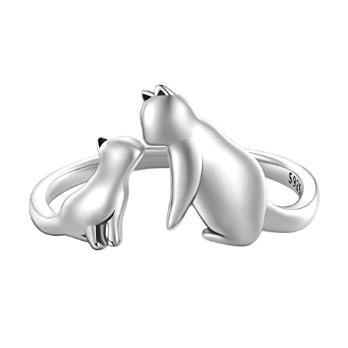 Qings Damen Katze Verstellbare Ringe Offen Katzenring Sterling Silber 925 Süß Tier Finger Ring Schmuck Geschenk für MäDchen Teenager von Qings