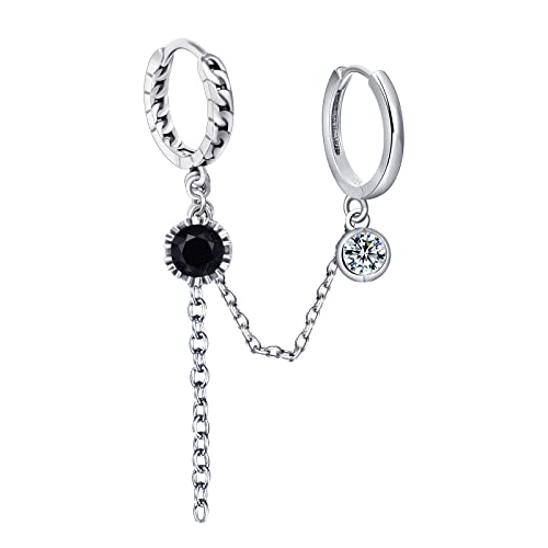 Qings Doppelt Durchbohrte Schwarze Zirkon Ohrringe - I Pcs 925 Sterling Silber Doppel Creolen Zwei Löchern Lange Kette Schwarzes Rundes CZ Zirkon Schmuck Geschenk für Damen Mädchen von Qings