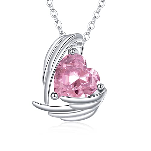 Qings Herz Geburtsstein Halsketten - Damen Halskette Herz Anhänger Silberkette Liebesflügel Geburtssteine ​​Geburtstag Monat Schmuck Geschenke für Mädchen Schwestern (Pink Oktober) von Qings