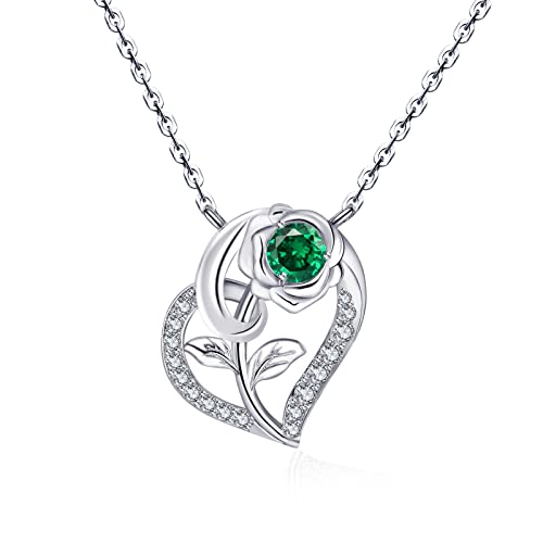 Qings Herz Smaragd Geburtsstein Kette mit Rosen Anhänger 925er Silber Damen Mai Birthstone 5A Zirkonia Halskette Geburtstag Muttertag Valentinstag Schmuck Geschenk für Freundin Mutter von Qings