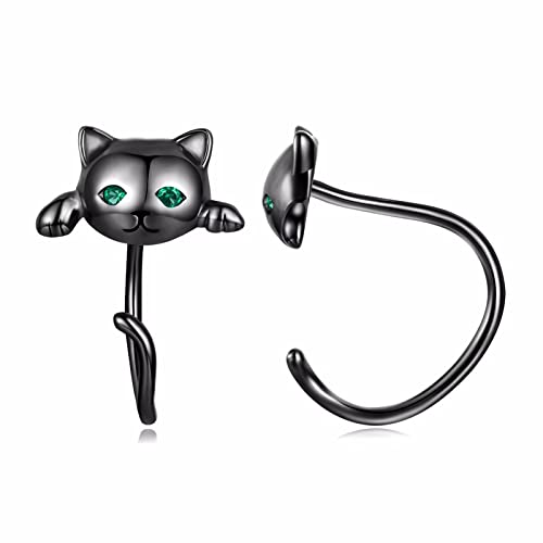 Qings Katze Ohrringe 925 Silber, Schwarze Katze Huggie Ohrringe Hypoallergen Damen Ohrringe, Geschenke für Frauen Mädchen Kinder Kommt in Schmuck Box von Qings