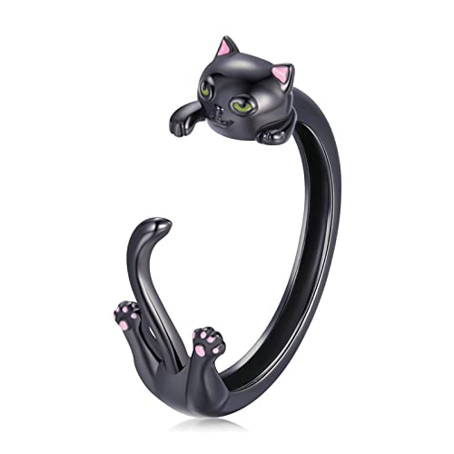 Qings Katze ringe für Damen 925 Sterling Silber Verstellbare Tiere Ringe Schwarz Gun Plated Katze Offener Ring Schmuck Geschenke für Frauen Mädchen Katzenliebhabe von Qings