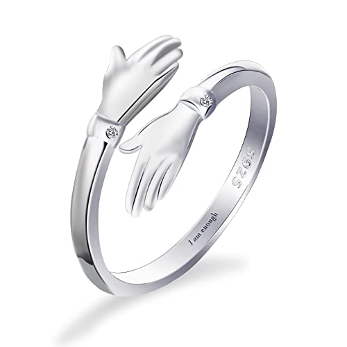 Qings Stapelbarer Umarmungs Ring mit I am Enough-Gravur Silber 925, Freundschafts Umarmungs Ringe Band für Bester Freund Wickelringe Umarmen Finger Schmuck von Qings