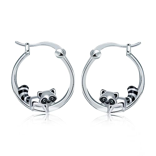 Qings Waschbär Creolen Ohrringe für Damen, 925 Sterling Silber Klein Raccoon Creolens Hängend Ohrring Tier Hoop Huggie, Niedlich Tiere Geschenke für Mädchen Frauen Tochter von Qings