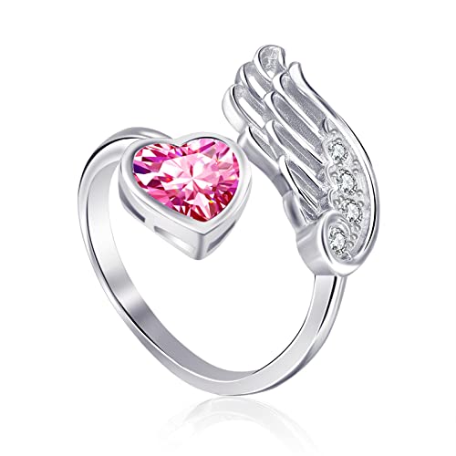 Qings Turmalin Oktober Geburtsstein Ringe Sterling Silber Damen Verstellbarer Birthstone Flügel Feder Rosa Herz Zirkonia Verlobungsring Eheringe Geburtsstein Schmuck für Frau Freundin von Qings