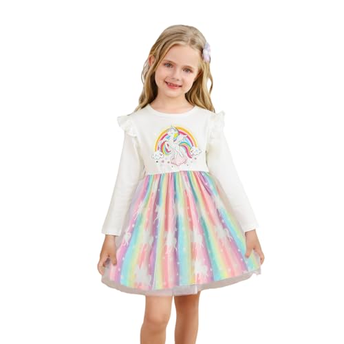 Kinder Mädchen Kleider Langarm gekräuselt Baumwolle Tüll Tutu Kleid Einhorn Kleid Geburtstag Party Prinzessin Kleid Kleinkind Kinder Mädchen Kleid 2-7 Jahre von Qiraoxy