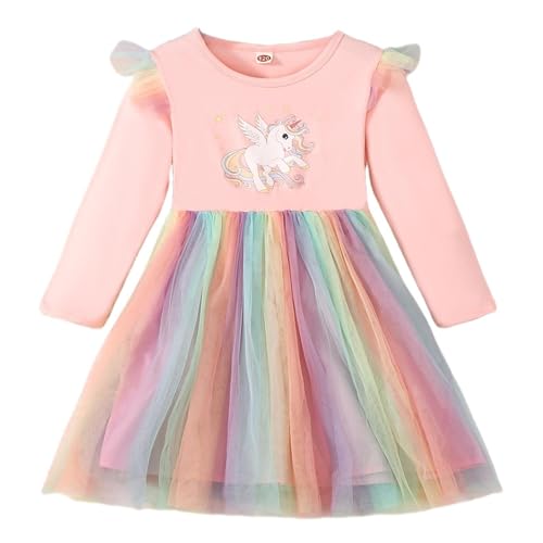 Mädchen Einhorn Kleider Rosa Langarm Regenbogen Tüll Tutu Rock Geburtstag Party Prinzessin Kleid Kleinkind Kinder Mädchen A-Linie Kleid von Qiraoxy