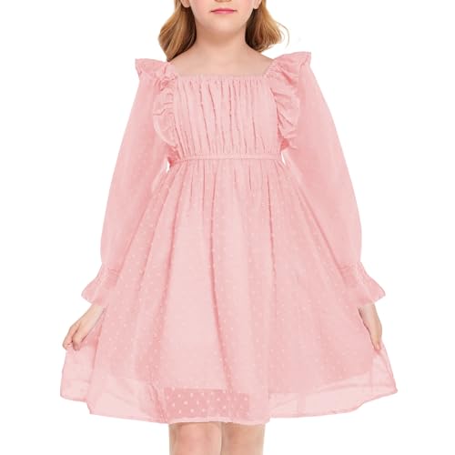 Mädchen Kleider Schweizer Punkt Rüschen Langarm Kleid Kinder Mädchen A-Linie Kleid mit Quadratischer Kragen,Prinzessin Kleid Elegant Chifon Kleid Mädchen 3-8 Jahre von Qiraoxy