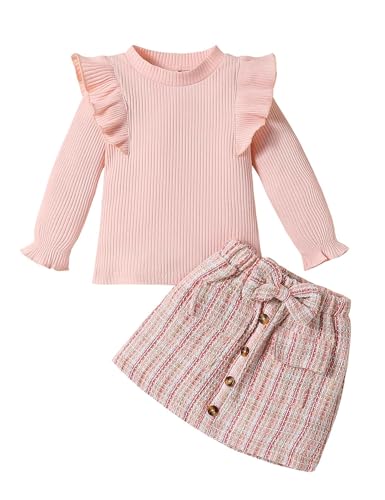 Qiraoxy Baby-Mädchen-Kleidung Langärmeliges Oberteil + A-Linie Plaid Rock Set Kleinkind Mädchen Mode Kleidung 2Pcs Outfits Set 1-6 Jahre von Qiraoxy