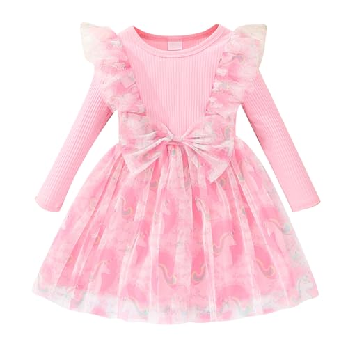 Qiraoxy Mädchen Kleider Tüll Prinzessin Kleid gerippt Lange Ärmel Rüsche Schleife Tüll Tutu Kleid Party Kleid Kleinkind Kinder Mädchen Kleidung Kleider 1-6 Jahre von Qiraoxy