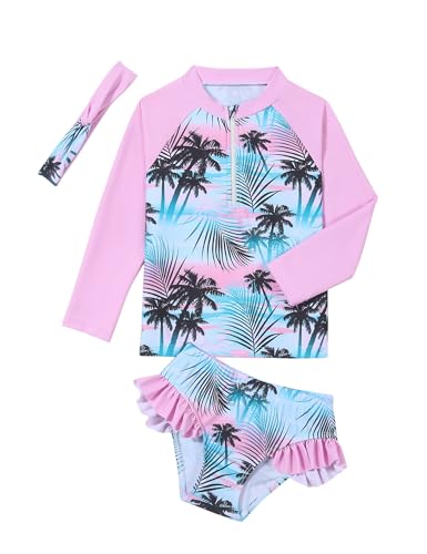Qiraoxy Mädchen Zweiteiliger Badeanzug Langarm Bademode Stilvolle Set UV-Schutz Badeanzug Rashguard Badeshirt und Kurze Badewindelhose von Qiraoxy